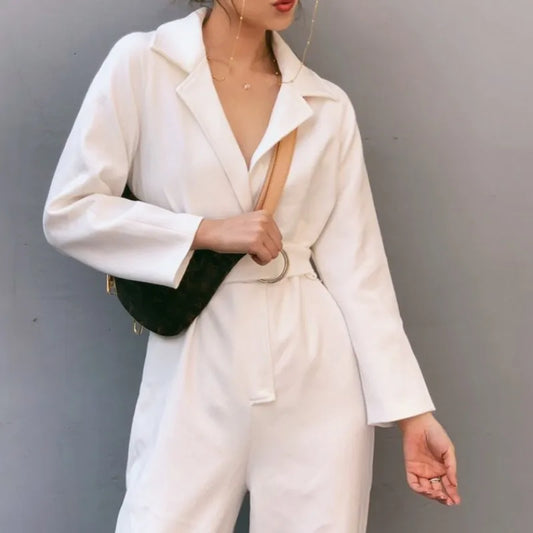 JuliaFashion - Runway Elegant Women's White Woolen Blends High Waist Jumpsuits