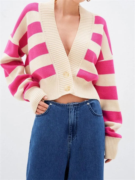 JuliaFashion - Fashion Knitted V-neck Cardigan Contrast Color Striped Long Sleeve Buttons Up Fall Casual Cropped Coat Sweater