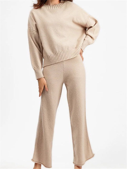 JuliaFashion - Solid Round Neck Sweaters Tops Wide Leg Pants Suits