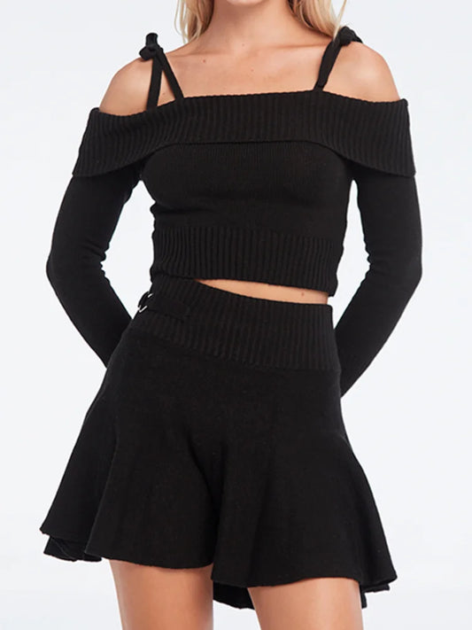 JuliaFashion - Knitted Off-shoulder Sweaters Crop Tops Suits
