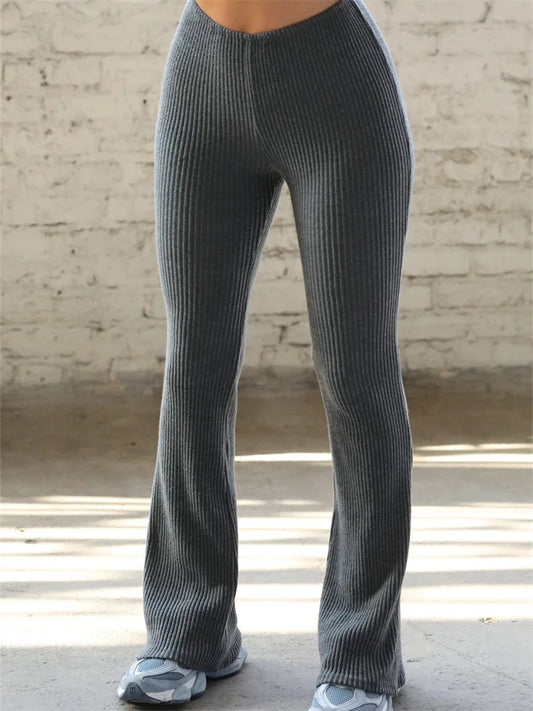 JuliaFashion - High Waist Ribbed Knitted Solid Color Bell-Bottoms Leggings Pants