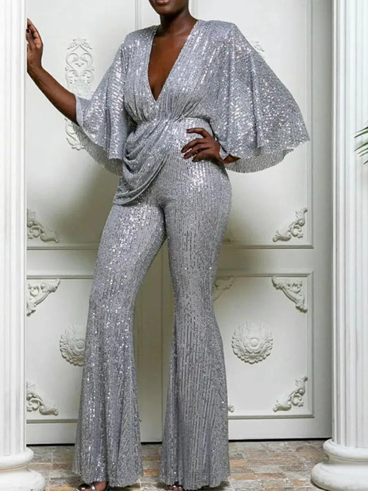 JuliaFashion - Sexy Party Rompers Gown Sequined Loose Jumpsuits
