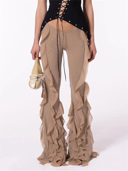 JuliaFashion - Low Waist Ruffled Solid Color Stretch Bell-Bottom Pant