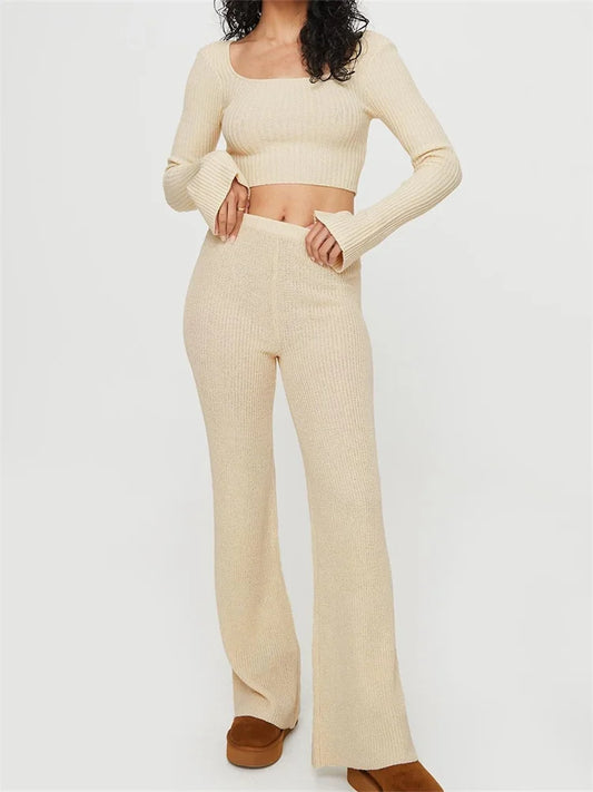 JuliaFashion - Knitted Ribbed Flare Sleeve Square Neck Tie-up Sweaters  Pants Suits