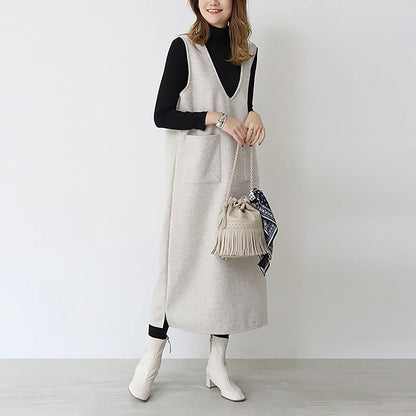 JuliaFashion - V Neck Sleeveless Knitted Solid Color Long Sweater Autumn Winter Elegant Korean Style Long Vest With Pocket Dress
