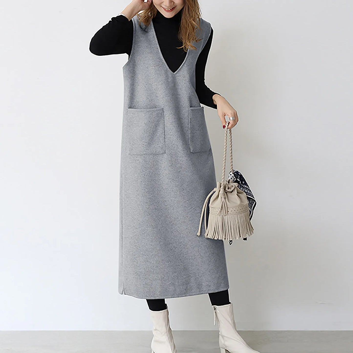 JuliaFashion - V Neck Sleeveless Knitted Solid Color Long Sweater Autumn Winter Elegant Korean Style Long Vest With Pocket Dress