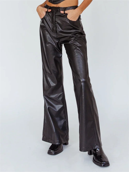 JuliaFashion - Streetwear Punk Style Faux Leather Button-Up Flare Trousers Pants