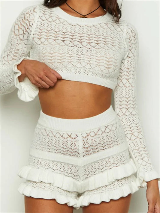 JuliaFashion - Knitted High Waist Summer Crop Tops Sweaters Suits