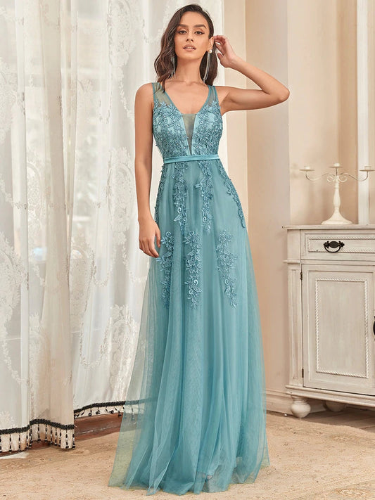 JuliaFashion - 2024 Women Long Lace Beading V-neck Sleeveless Backless Prom Dresses