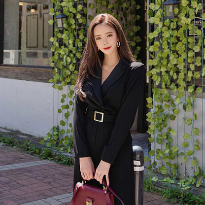 JuliaFashion - Winter Korean Style Turn Down Collar Belted Long Jumpsuits