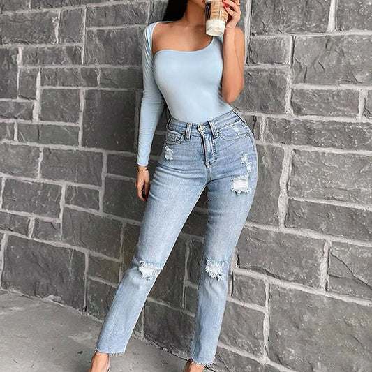 One Shoulder Hollow Out Bodycon Bodysuits