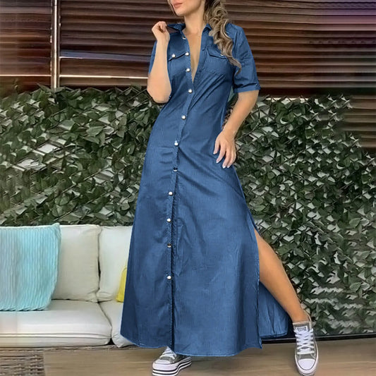 Fashion Pockets Denim Turndown Collar Half Sleeve Single Breasted Slit Long Elegant Maxi Dress