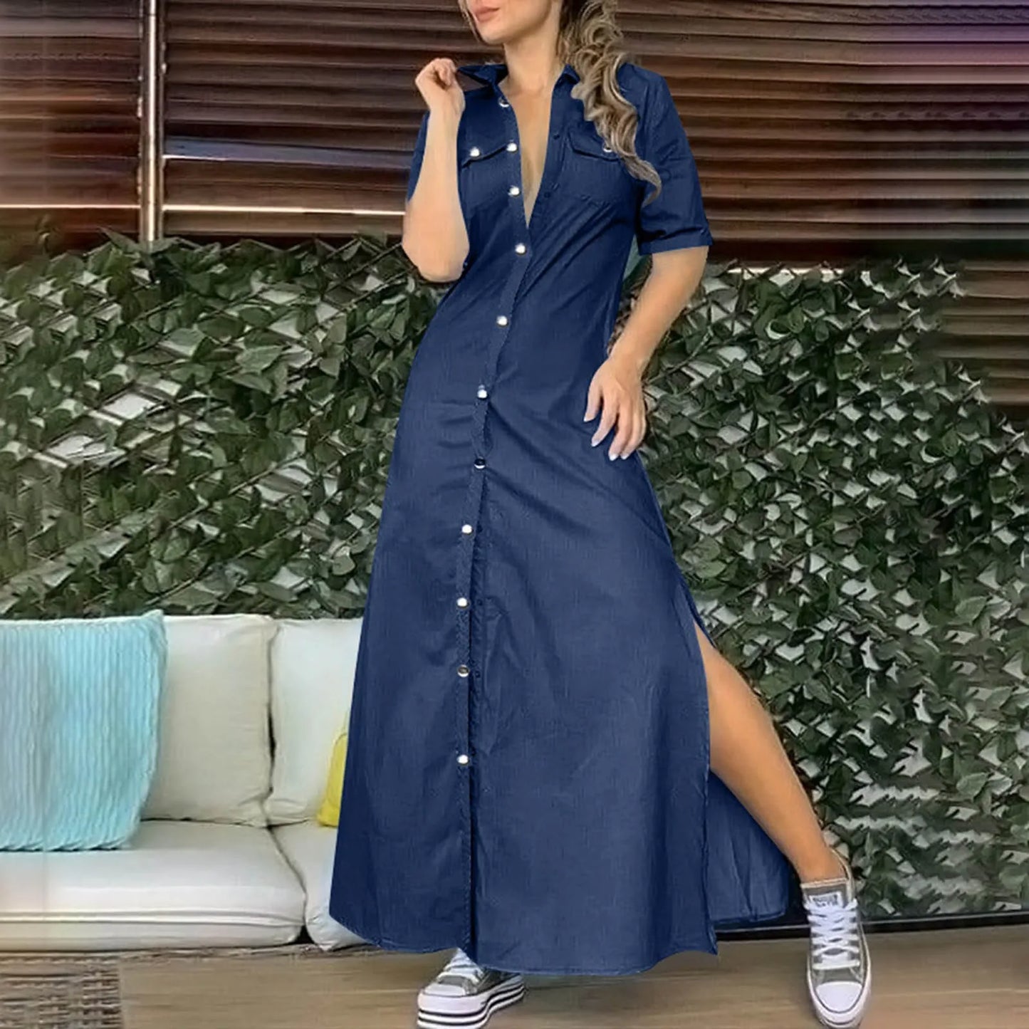 JuliaFashion - Fashion Pockets Denim Turndown Collar Half Sleeve Single Breasted Slit Long Elegant Maxi Dress