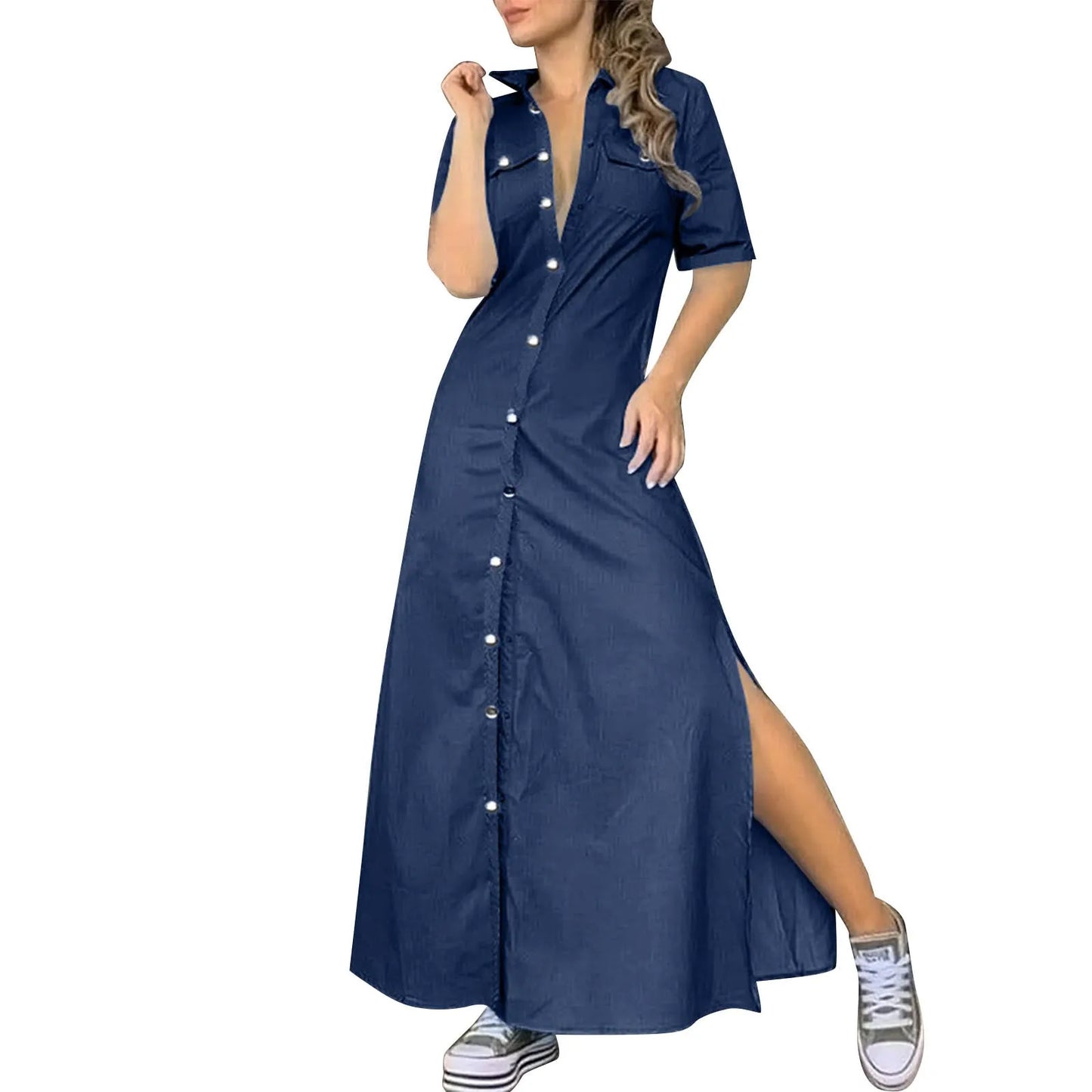 JuliaFashion - Fashion Pockets Denim Turndown Collar Half Sleeve Single Breasted Slit Long Elegant Maxi Dress