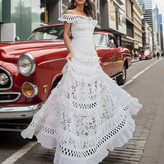 JuliaFashion - 2024 Hollow Out Lace Elegant Off Shoulder Wedding Party Formal Gown High Waist White Long Maxi Dress