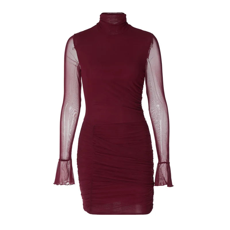 Julia Fashion - Flared Sleeve Pleated Elegant Women's Bodycon Mini Dress