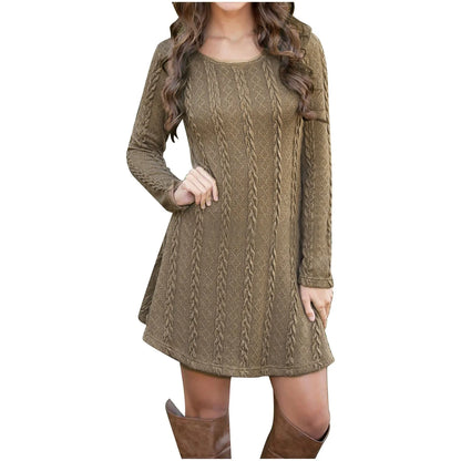 JuliaFashion - 2024 Autumn Spring Women Causal Knit Short Sweater Solid O Neck Long Sleeve Loose Mini Knitted Woman Clothing Dress