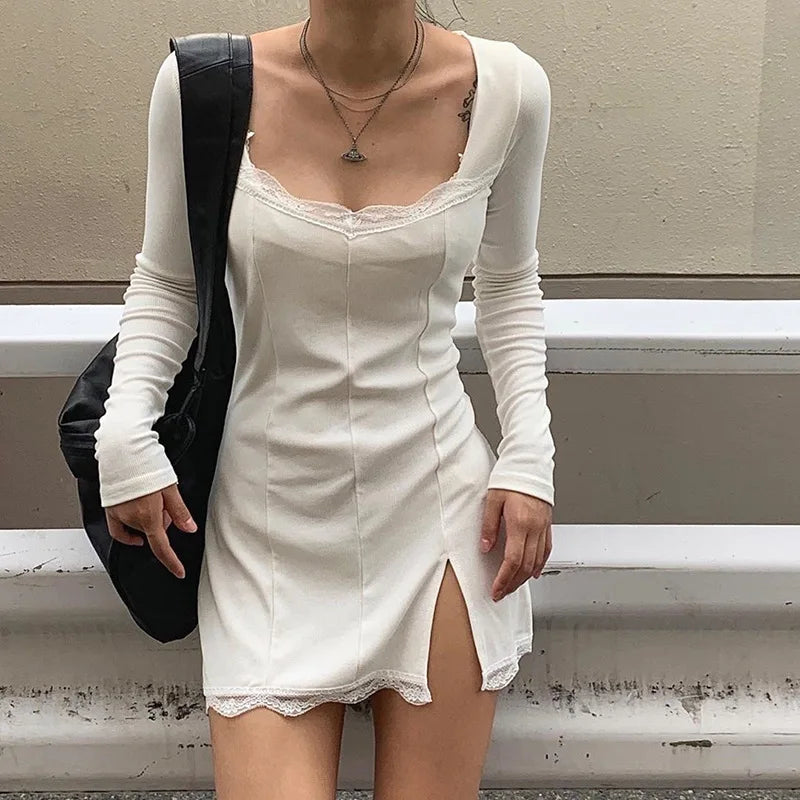 Julia Fashion - Sexy Lace Patchwork Long Sleeve Split Hip Package Mini Dress