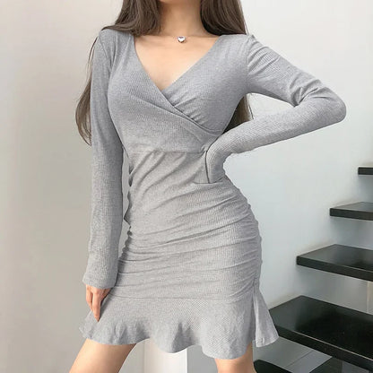 Julia Fashion - Package Hips Split Knitted Long Sleeve Bodycon Mini Dress