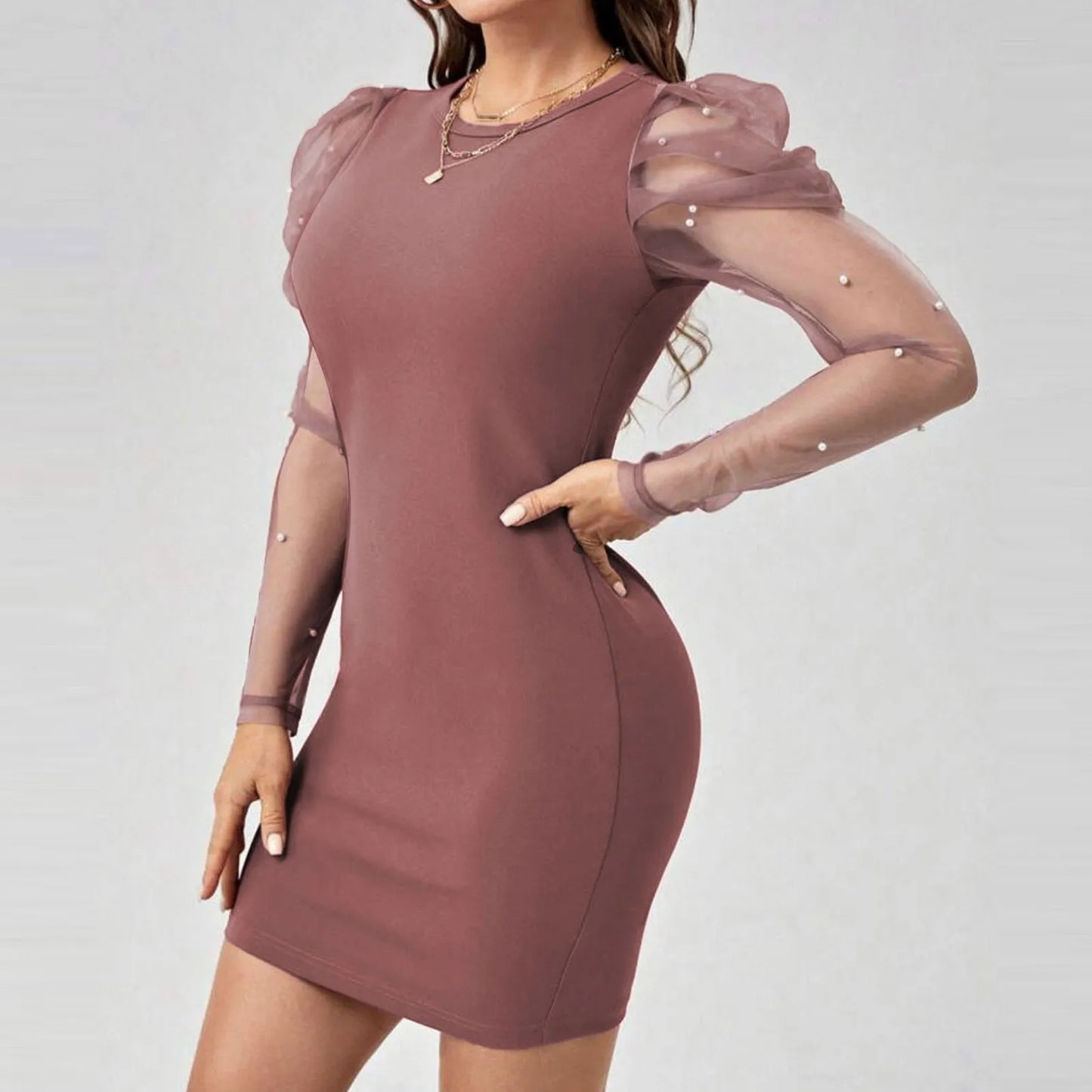 JuliaFashion - 2024 Elegant Mesh Long Sleeve Bodycon For Women Fashion Party Solid Color Round Neck Slim Fit Hip Cocktail Dress