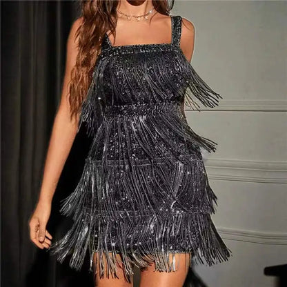 Julia Fashion - Fringe Beaded Bodycon Mini Dress