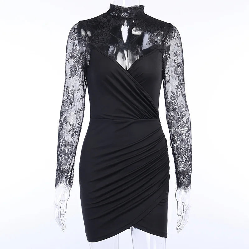 Julia Fashion - Splicing Long-sleeved Femininity V-neck Elegant Party Women's Bodycon Mini Dress