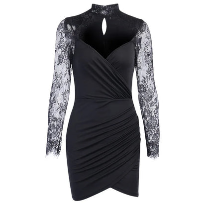 Julia Fashion - Splicing Long-sleeved Femininity V-neck Elegant Party Women's Bodycon Mini Dress