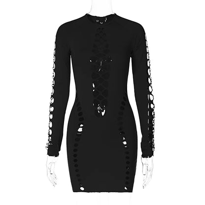 Julia Fashion - Solid Color Puss Sexy Hollow Long Sleeve Form-fitting Mini Dress