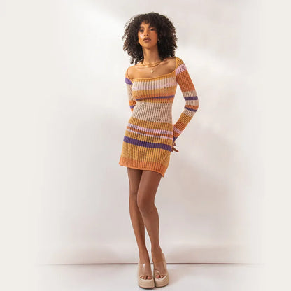 Julia Fashion - Striped Color Contrast Hollow Bodycon Casual Women's Mini Dress