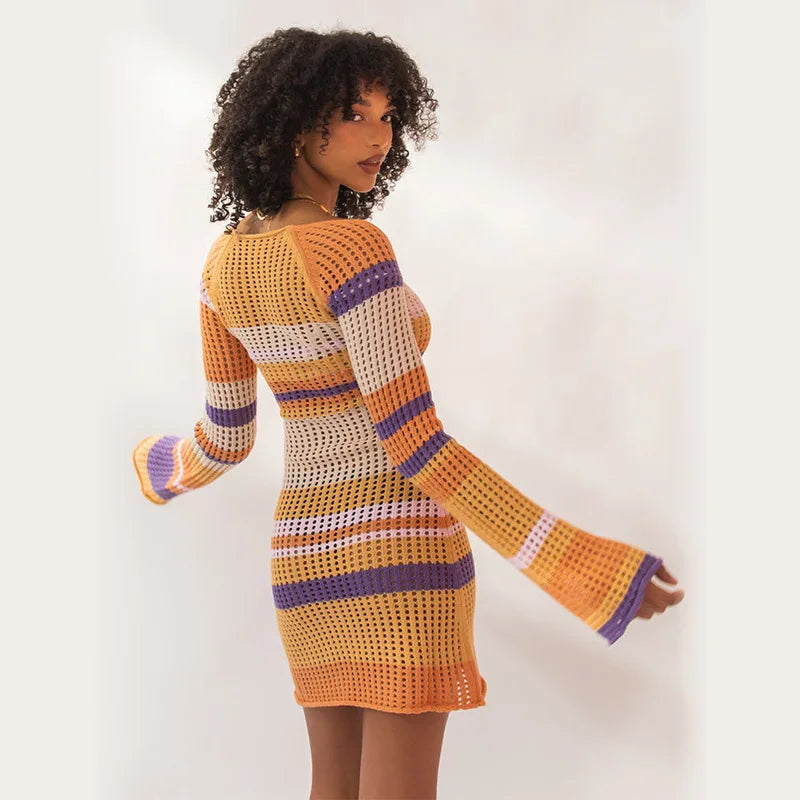 Julia Fashion - Striped Color Contrast Hollow Bodycon Casual Women's Mini Dress