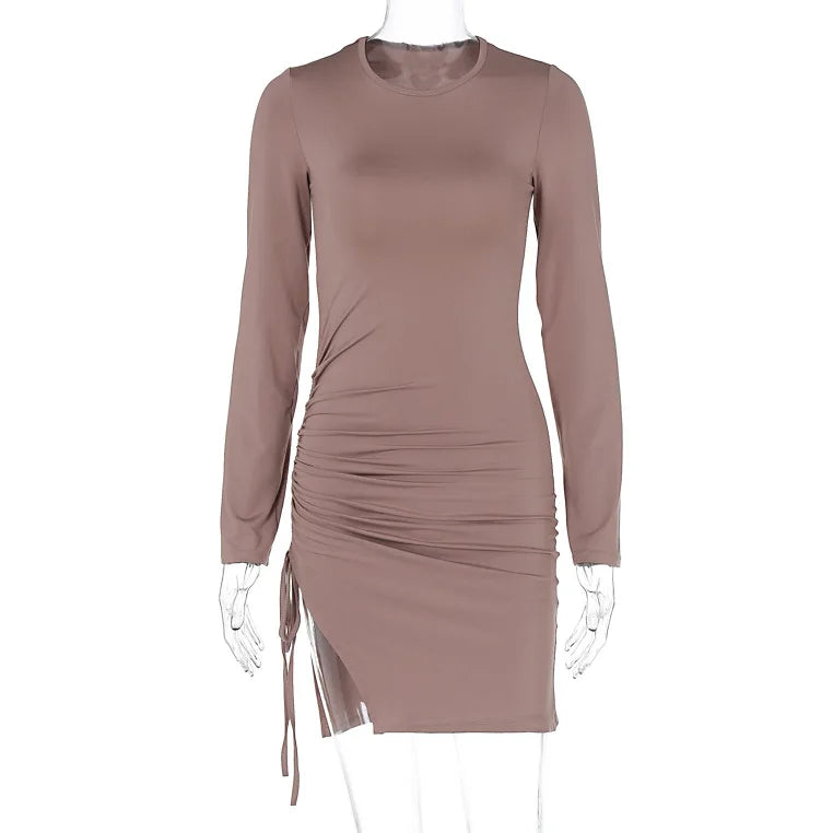 Julia Fashion - Solid Color Slim-fit Long Sleeve Pleated Slit Maxi Elegant Women's Mini Dress