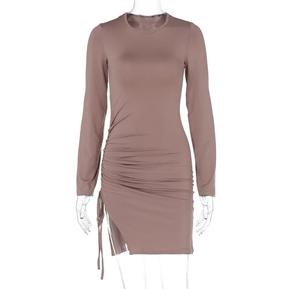 Julia Fashion - Solid Color Slim-fit Long Sleeve Pleated Slit Maxi Elegant Women's Mini Dress