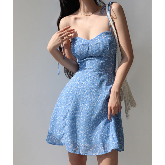 Julia Fashion - Retro Blue Lace Floral A-line Holiday Women's Mini Dress