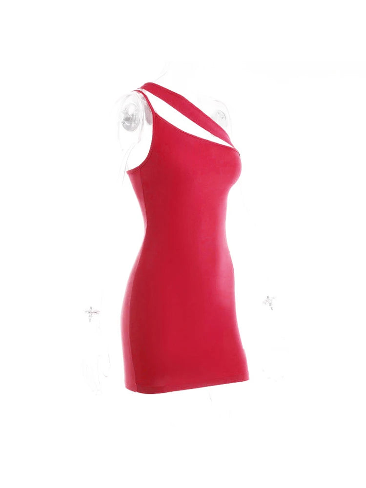 Julia Fashion - Solid Sexy Hollow Oblique-shoulder New Slim Package-hip Mini Dress