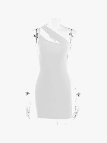 Julia Fashion - Solid Sexy Hollow Oblique-shoulder New Slim Package-hip Mini Dress
