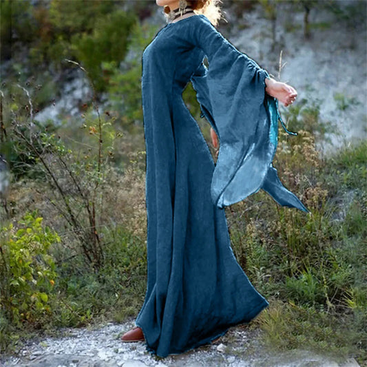JuliaFashion - Autumn Vintage Victorian Classical Elegant Medieval Renaissance Round Neck Flared Sleeves Noble Princess Loose Maxi Dress