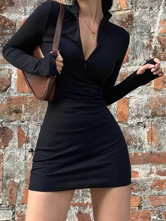 Julia Fashion - Stretch Soft Ribbed Knitted Turtleneck Fashion Solid Mini Dress