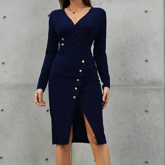 JuliaFashion - Autumn Winter Women Suit Sexy Deep V Neck Slim Hip Split Button Long Sleeved Elegant Office Lady Midi Dress