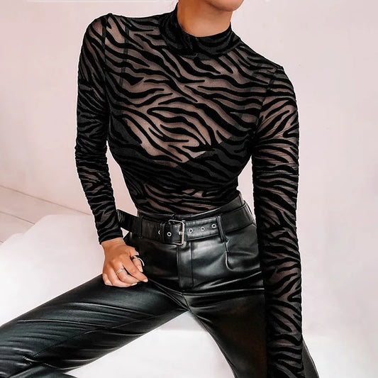 JuliaFashion - Black Striped Sheer Mesh Long Sleeve Club Bodysuits