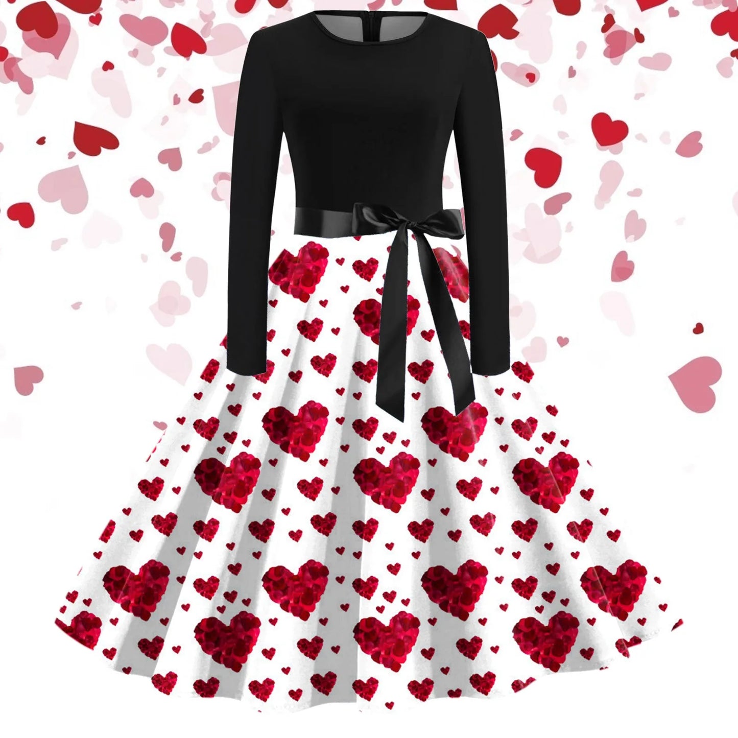 JuliaFashion - Black Love Heart Big Swing Print Vintage Valentines Day Women Winter Casual Long Sleeve Round Neck Party Femme Robe Dress