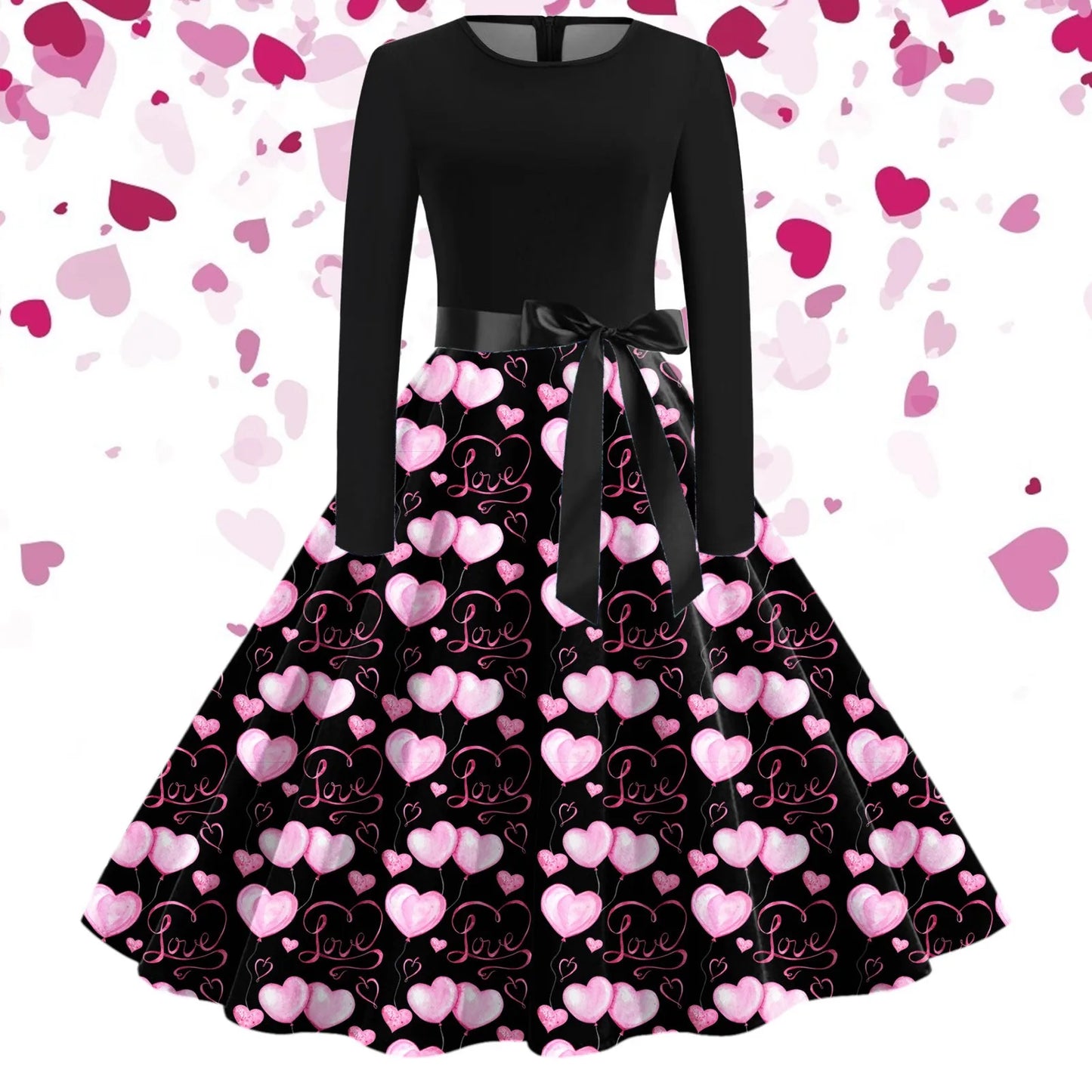 JuliaFashion - Black Love Heart Big Swing Print Vintage Valentines Day Women Winter Casual Long Sleeve Round Neck Party Femme Robe Dress