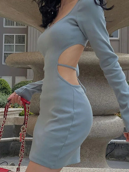 Julia Fashion - Lace Up Backless V Neck Long Sleeve Fashion Mini Dress