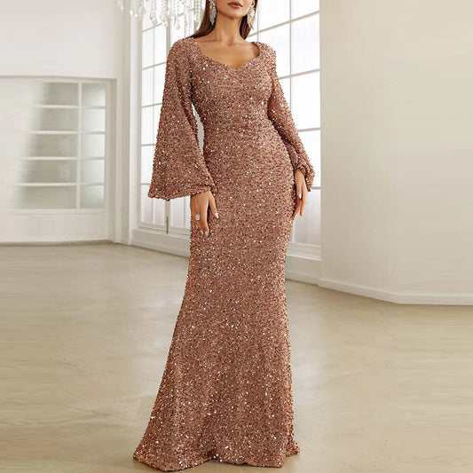 JuliaFashion - Bodycon Sequin Shinny Evening Prom Flare Sleeve Maxi Elegant Mid Waist Long Party Gown Wedding Guest Dress