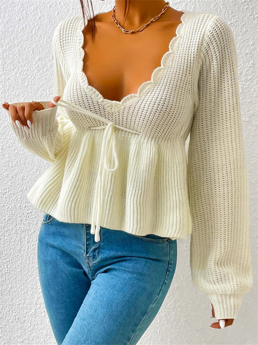 JuliaFashion - Elegant Spring Fall Knitted Solid Long Sleeve Waist Drawstring Knitwear V-neck Low Cut Pullovers Sweater