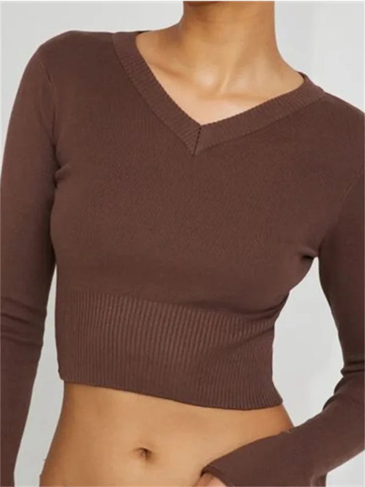 Fashion Knitted Pullovers Solid Color Slim Fit Long Sleeve V Neck Cropped Basic Sweater