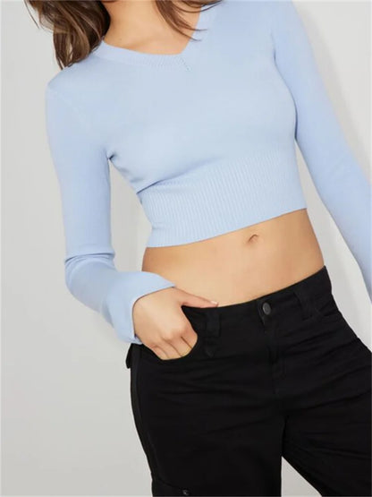 JuliaFashion - Fashion Knitted Pullovers Solid Color Slim Fit Long Sleeve V Neck Cropped Basic Sweater