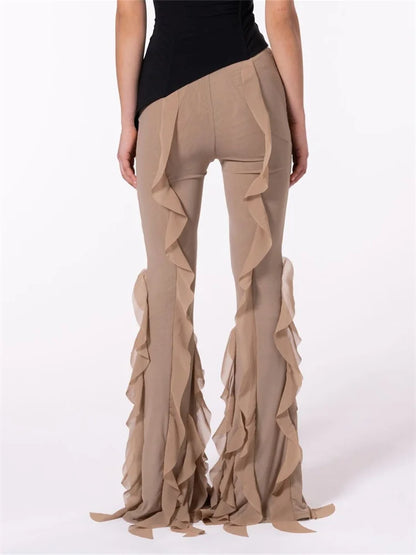 JuliaFashion - Low Waist Ruffled Solid Color Stretch Bell-Bottom Pant