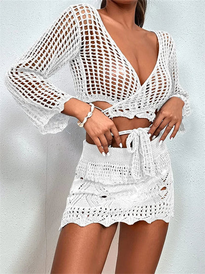 JuliaFashion - Long Sleeve Hollow Out Lace-up Shirts Short Mini Skirts Suits