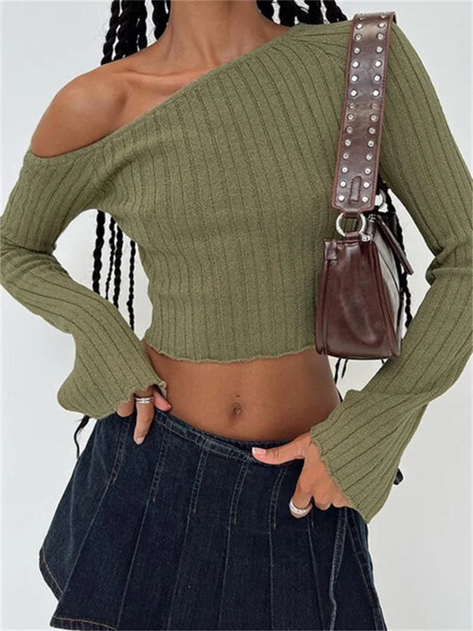 Irregular Neck Off Shoulder Sexy Long Sleeve Ribbed Solid Slim Pullovers Knitted Sweater