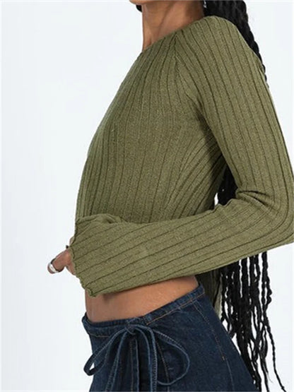 JuliaFashion - Irregular Neck Off Shoulder Sexy Long Sleeve Ribbed Solid Slim Pullovers Knitted Sweater